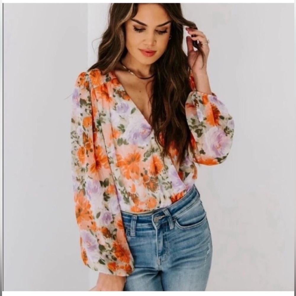 VICI Floral Watercolor Surplice Bodysuit